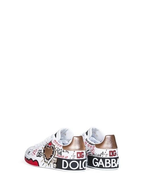 Dolce & Gabbana White Hand-Painted Leather Portofino Low-Top Sneakers