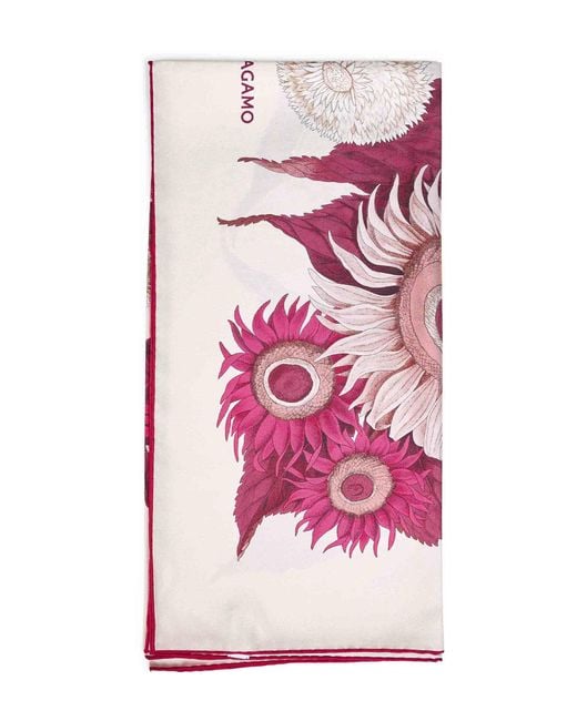 Ferragamo Pink Ivory And Burgundy And Fuchsia Girasoli-Print Silk Scarf