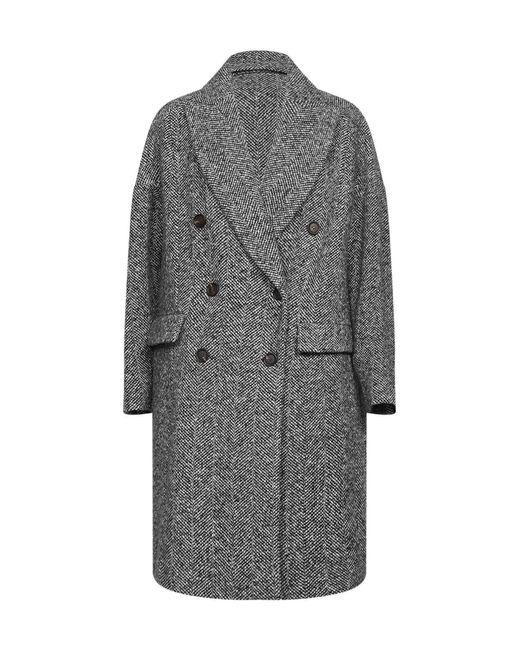 Brunello Cucinelli Gray Herringbone Double-Breatsed Coat