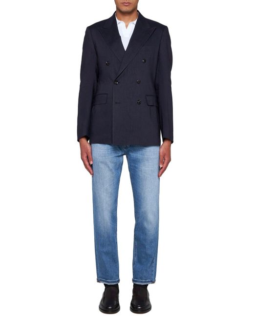Tagliatore Blue Linen And Wool-Blend Double-Breasted Blazer for men