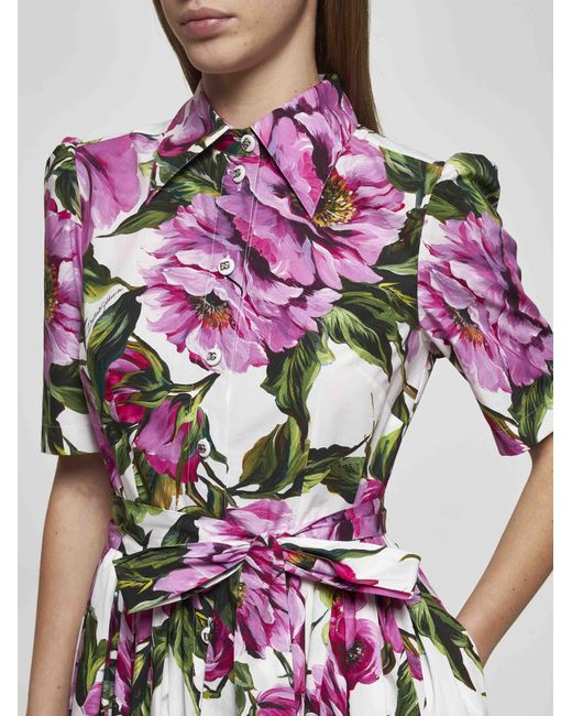ワンピース Dolce&Gabbana PEONY AND ROSES PRINT SHIRT DRESS Calf-length cady shirt dress with peony and rose print in