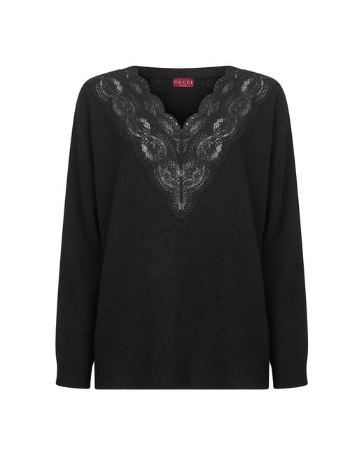 Gucci Black Wool And Cashmere Knit Sweater With Lace