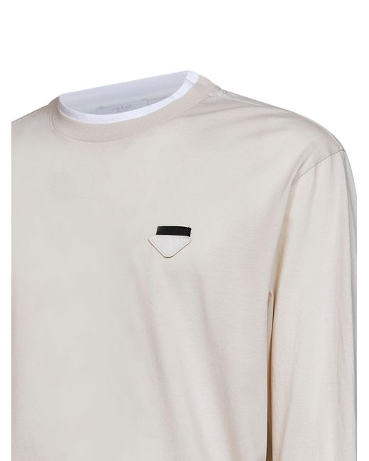 Prada Abbigliamento White Talc And Cotton Long-Sleeved T-Shirt for men