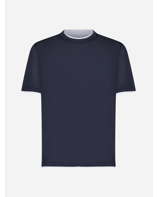 Brunello Cucinelli Blue Silk And Cotton T-shirt for men