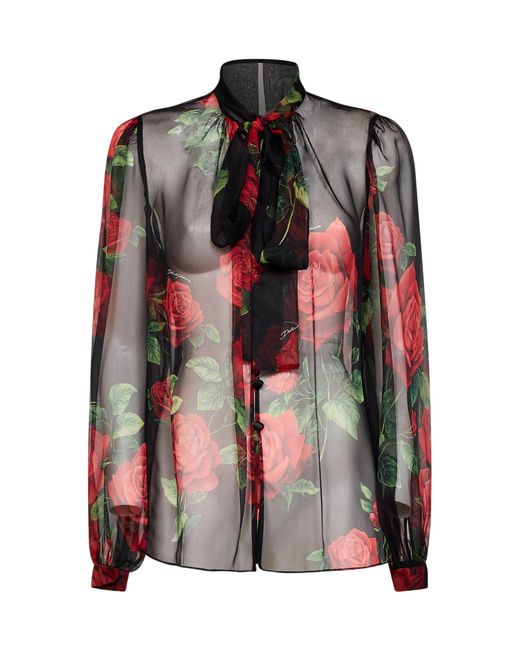 Dolce & Gabbana Black Rose-Print Silk Chiffon Blouse