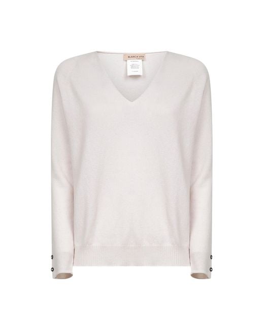 Blanca Vita White Knit V-Neck Sweater