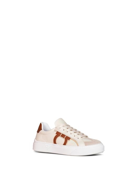 Ferragamo Natural Sand And Mascarpone Cream Calf Leather Gancini Sneakers for men