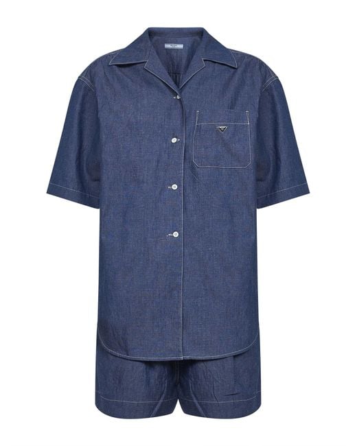 PRADA DENIM Blue Cotton And Linen Denim Detachable Playsuit