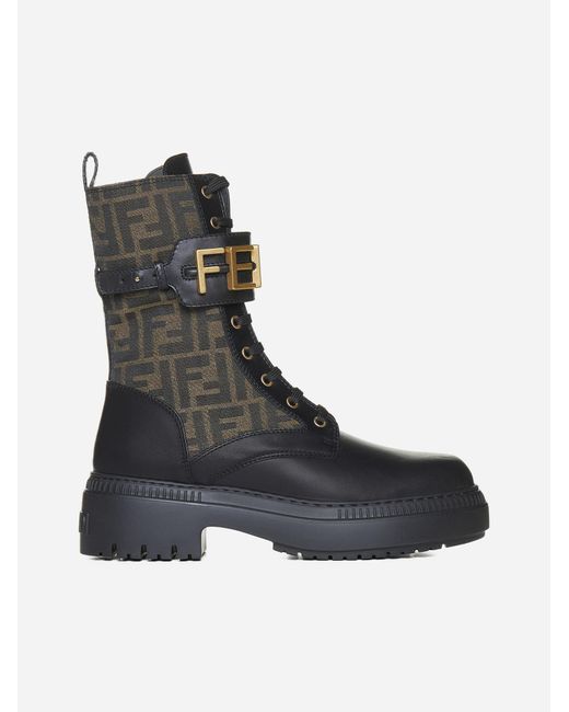 Fendi Black Graphy Ff Fabric And Leather Biker Boots