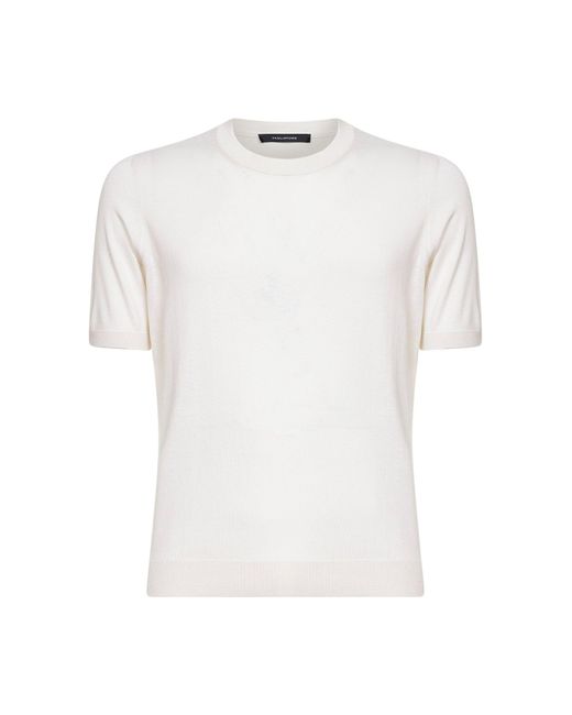 Tagliatore White Silk Knit Crewneck T-Shirt for men