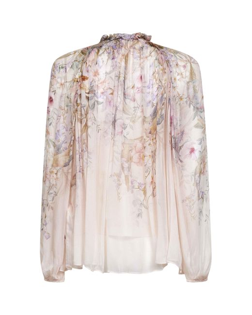 Zimmermann White Aviary-Print Cream Viscose Billow Rebellion Blouse