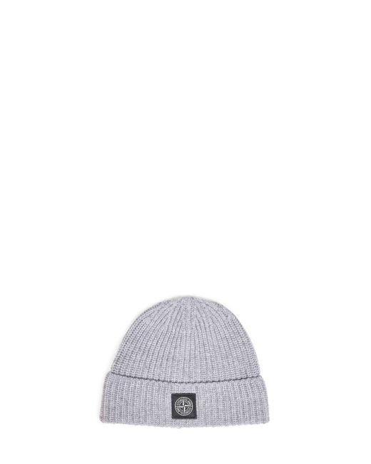 Stone Island White Melange Ribbed Rws Geelong Wool Knit Beanie for men