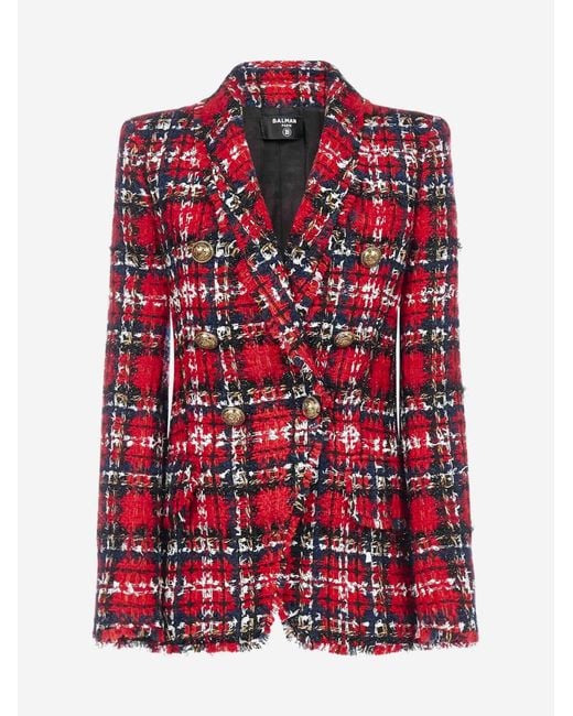 Balmain Red Tartan Tweed Oversized Jacket