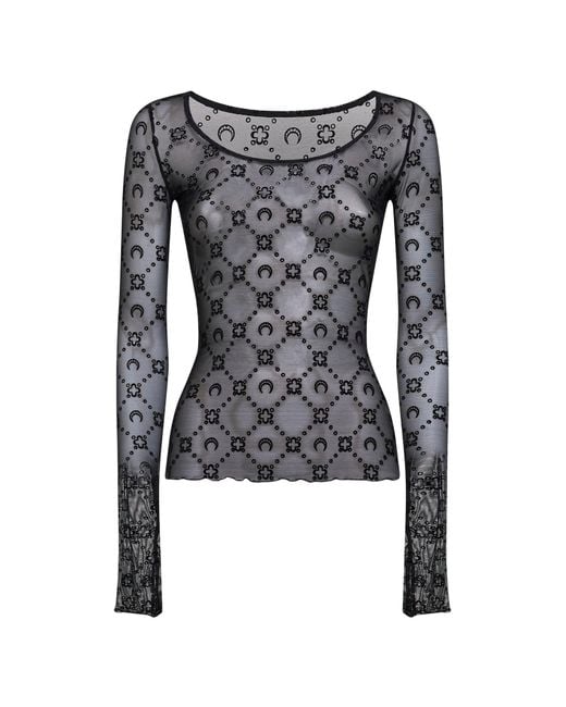 MARINE SERRE Black Monogram Mesh Long-Sleeved Top