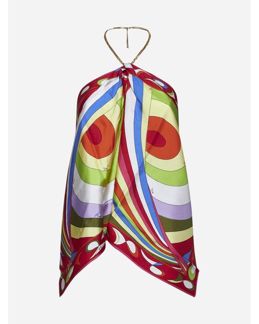Emilio Pucci Red Silk Twill Iride Print Handkerchief Top