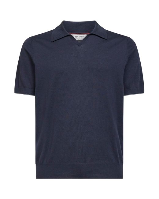 Brunello Cucinelli Blue Midnight Cotton Knit Polo Shirt for men