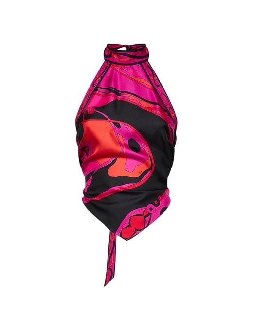 Emilio Pucci Multicolor Fuchsia And Orchidee-Print Silk Twill Scarf Top