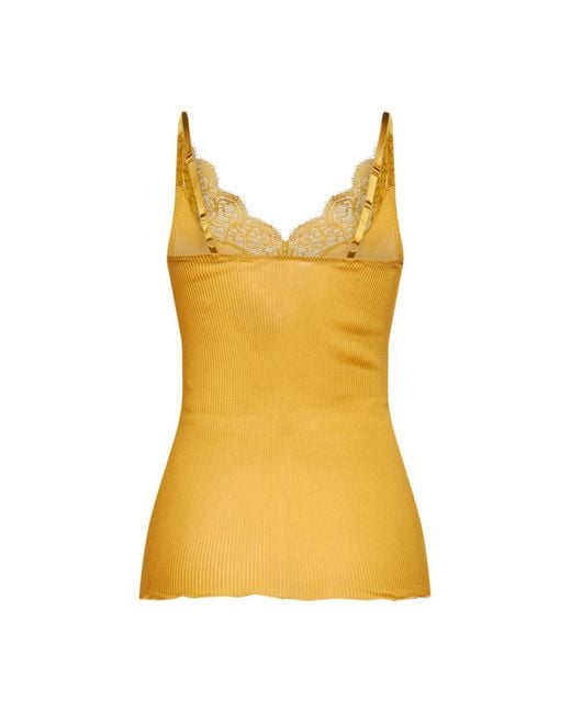 Saint Laurent Yellow Ribbed Silk Jersey Laced Tank Top