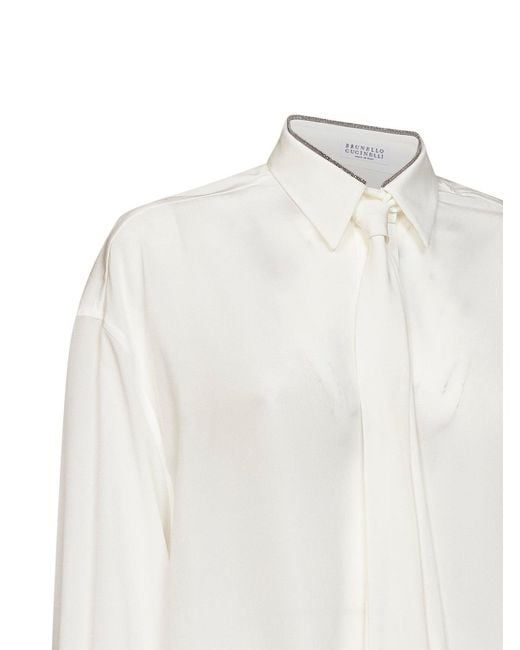 Brunello Cucinelli White Natural Crêpe De Chine Shirt With Tie And Shiny Collar