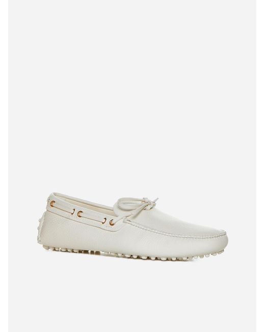 Car Shoe White Leather Boat Loafers for men