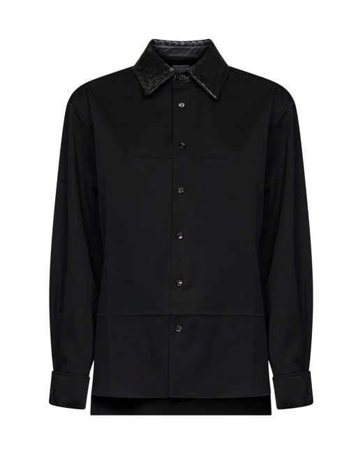Bottega Veneta Black Wool Shirt With Intrecciato Leather Collar