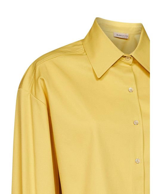 Blanca Vita Yellow Oil Stretch Poplin Celta Cropped Shirt