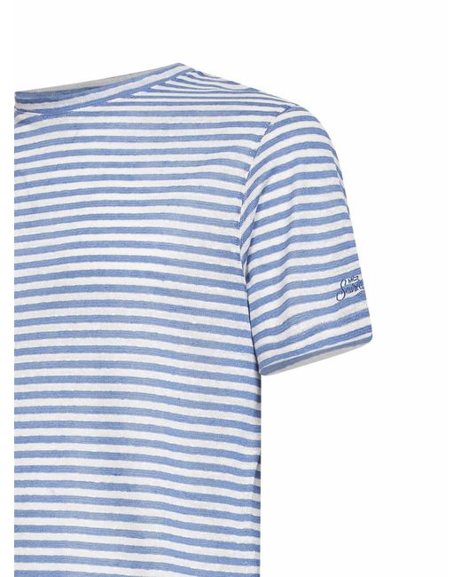 Mc2 Saint Barth Blue Light And Cream Striped Linen Blend Logo Embroidered Dover T-Shirt for men