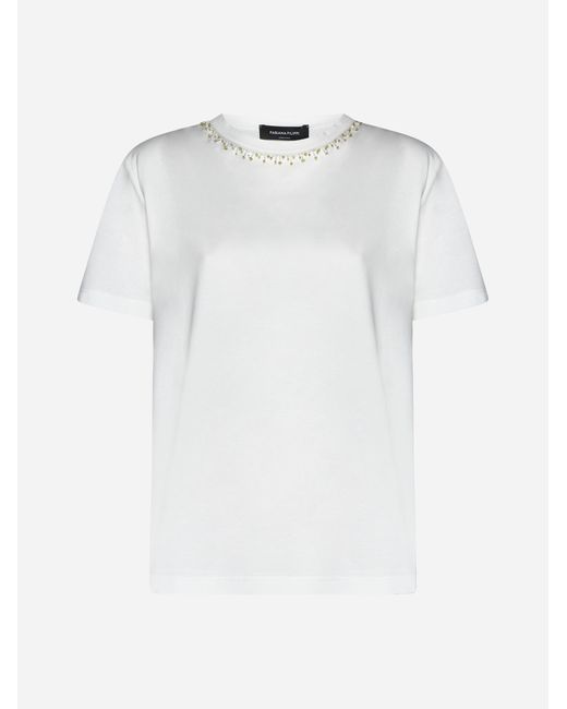 Fabiana Filippi White Rhinestone Cotton T-Shirt