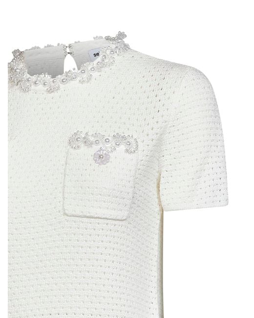 Self-Portrait White Cream Openwork Knit Top With Bead Embroidery