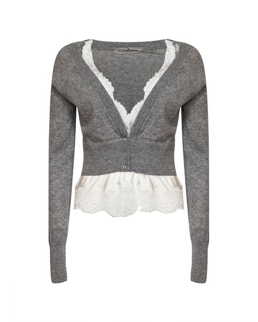 Ermanno Scervino Gray Cashmere Cropped Cardigan With Satin And Lace Insert