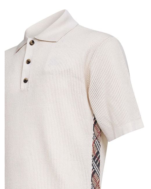 Burberry White Cotton Mesh Polo Shirt With Check Trims for men