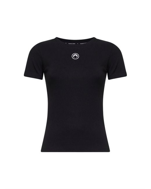 MARINE SERRE Black Ribbed Jersey Moon Logo T-Shirt