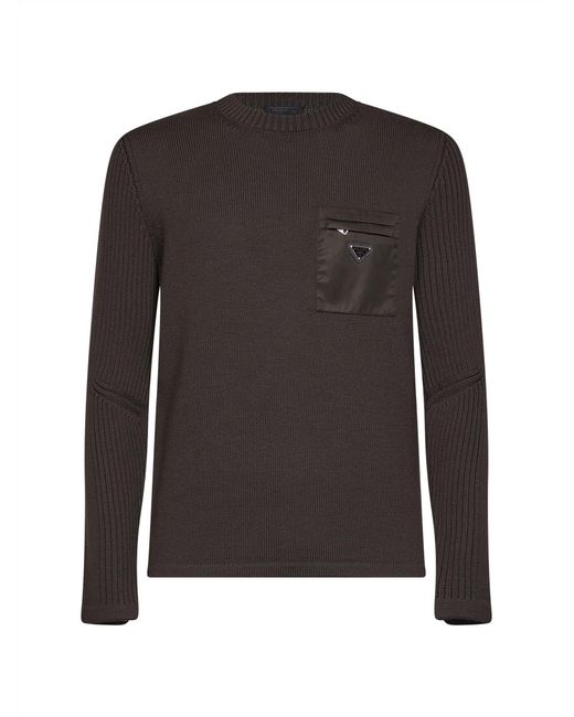 Prada Abbigliamento Black Dark Wool Knit Sweater With Nylon Pocket for men
