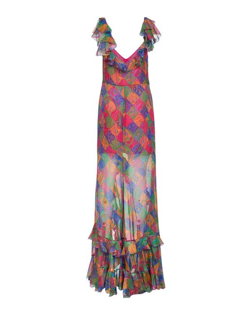 Etro Women's Red Geometric Paisley-Pattern Silk Chiffon Maxi Dress