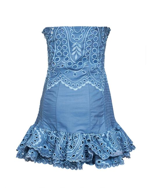Charo Ruiz Blue Light Embroidered Cotton Blend Salty Bustier Mini Dress