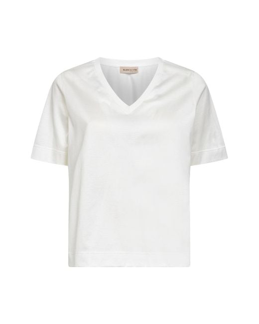 Blanca Vita White Lisle Cotton V-Neck T-Shirt