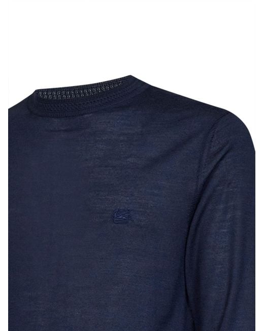 Etro Blue Wool And Silk Pegaso-Embroidered Sweater for men