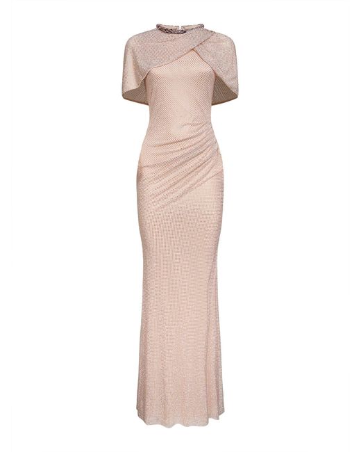 Self-Portrait Pink Champagne Rhinestone Stretch Tulle Maxi Dress