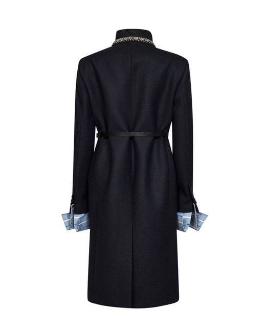 Prada Abbigliamento Blue Virgin Wool Embroidered Belted Coat