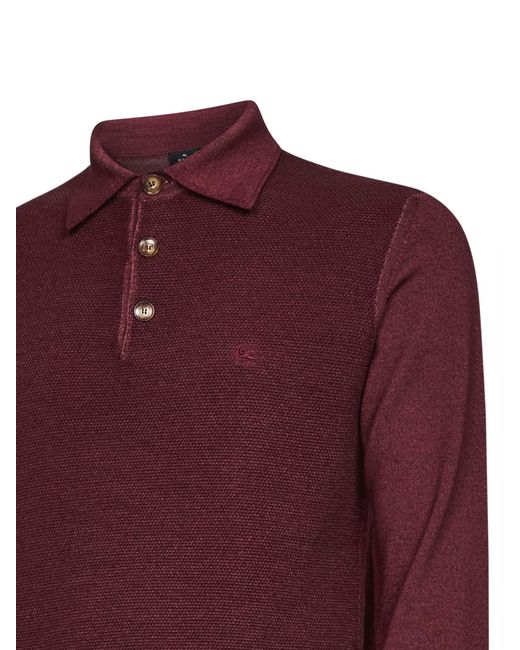 Etro Burgundy Two-Tone Wool Knit Logo-Embroidered Polo Shirt for men