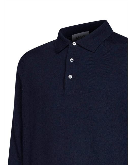 D 40 Blue Virgin Wool Knit Long-Sleeved Polo Shirt for men