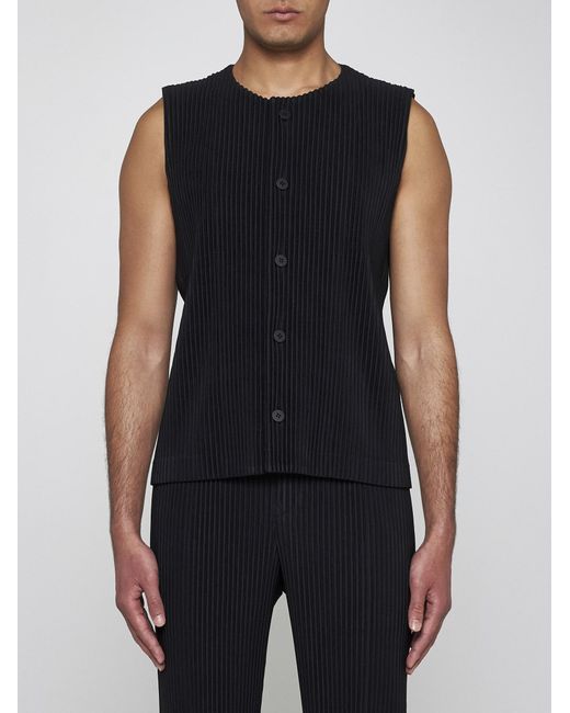 Homme Plissé Issey Miyake Black Pleated Fabric Buttoned Top for men