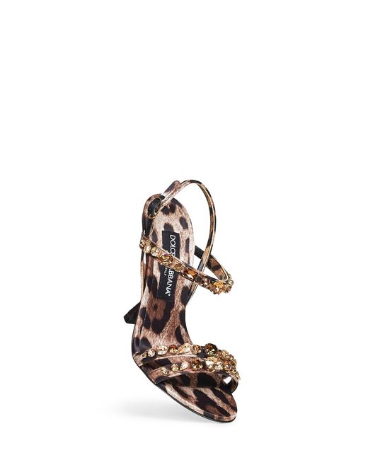 Dolce & Gabbana White Leo Print Satin Rhinestone Embroidered Sandals