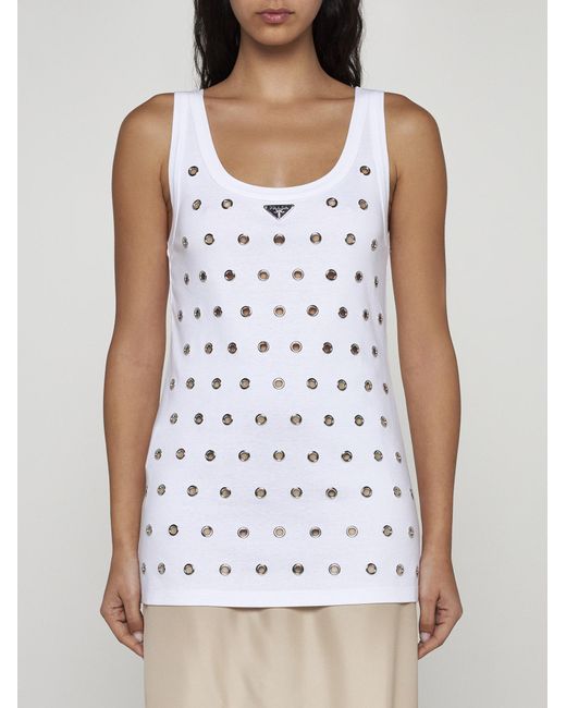Prada White Cut-outs And Studs Cotton Top
