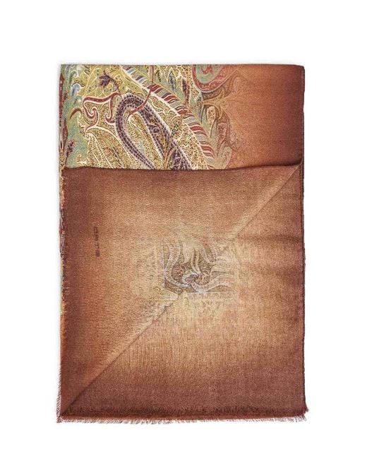 Etro Brown Wool Printed Scarf With Paisley Pattern for men