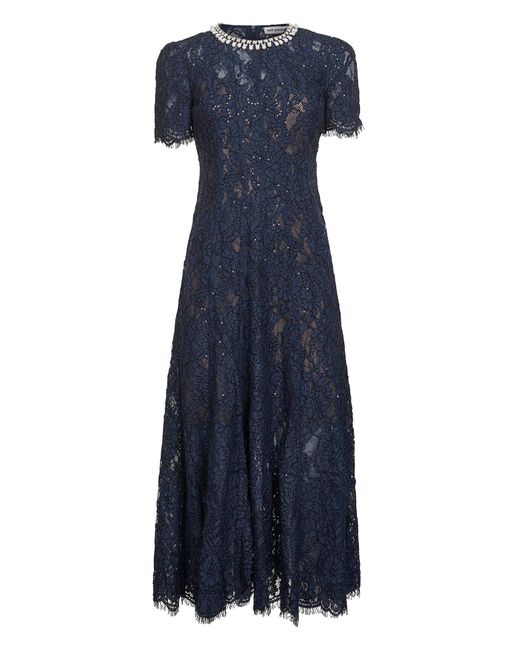 Self-Portrait Women's Blue Sequin Floral Lace Embellished Midi Dress