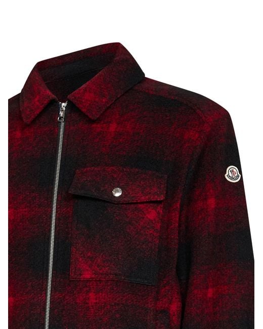 Moncler Red Check Wool-Blend Jersey Zip-Up Overshirt for men
