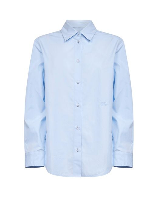 Burberry Blue Light Cotton Poplin Formal Shirt With Check Trims