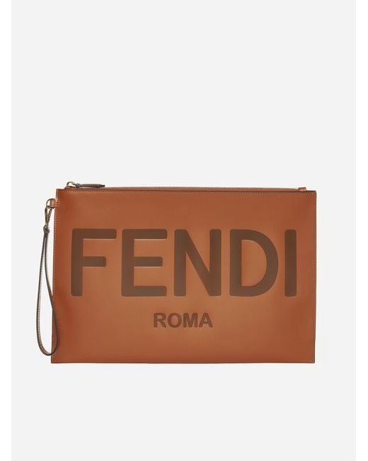 Fendi Logo Nappa Leather Large Pouch in Brown | Lyst