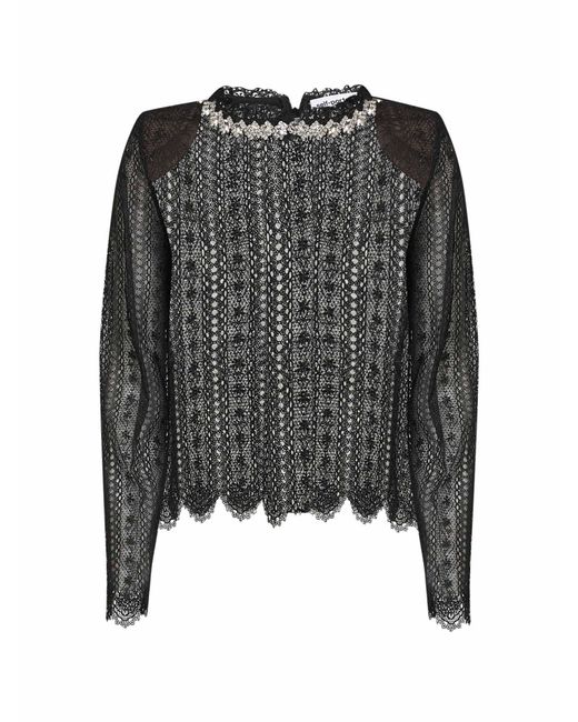 Self-Portrait Black Organza Lace Crystal-Embellished Top